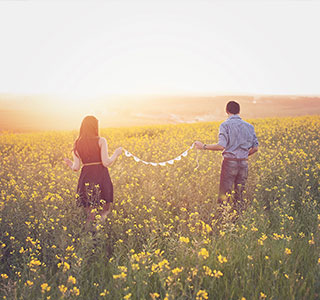 Two people holding hands in a field of flower in the afternoon